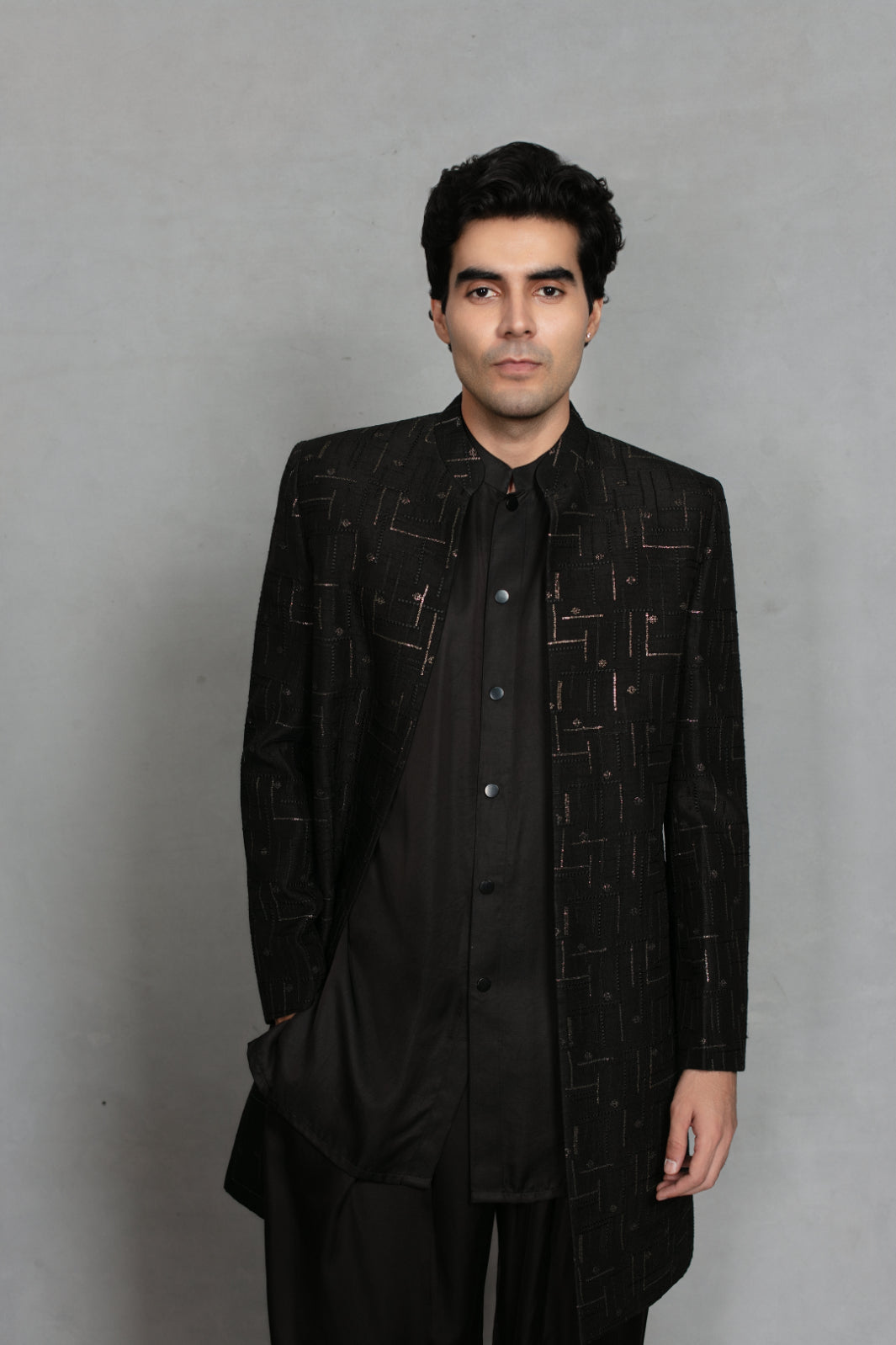 Tavas Indo Western Jacket Set in Black