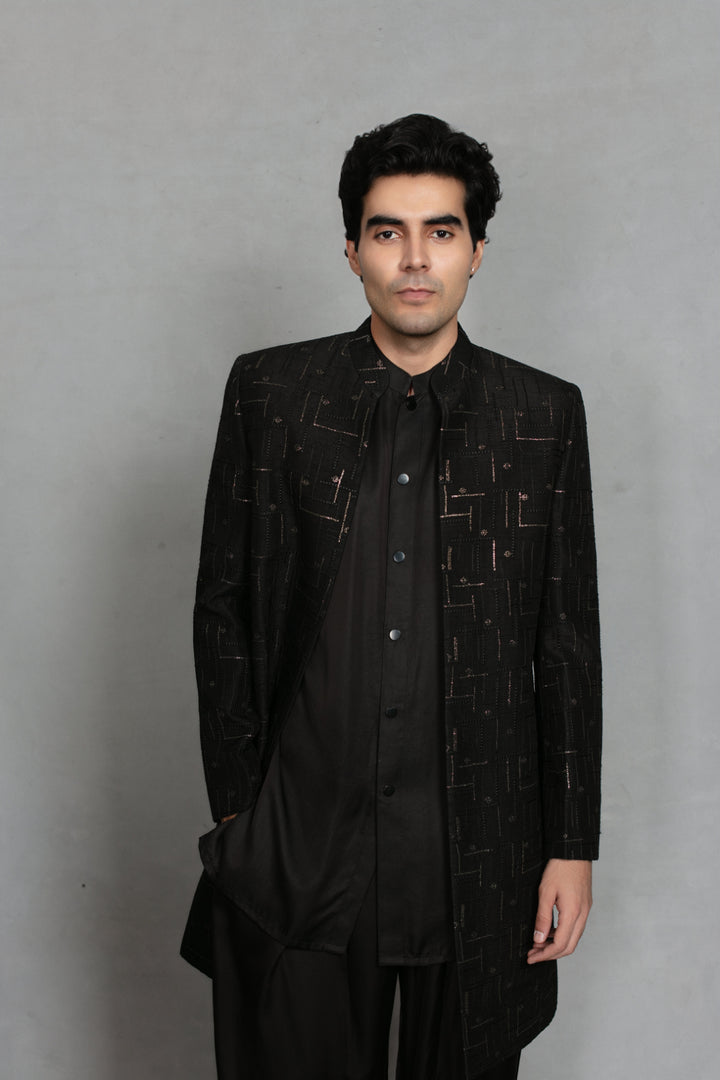 Tavas Indo Western Jacket Set in Black