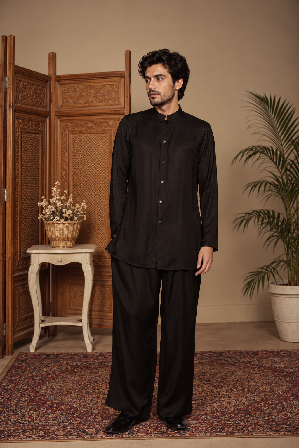 Tavas Indo Western Jacket Set in Black