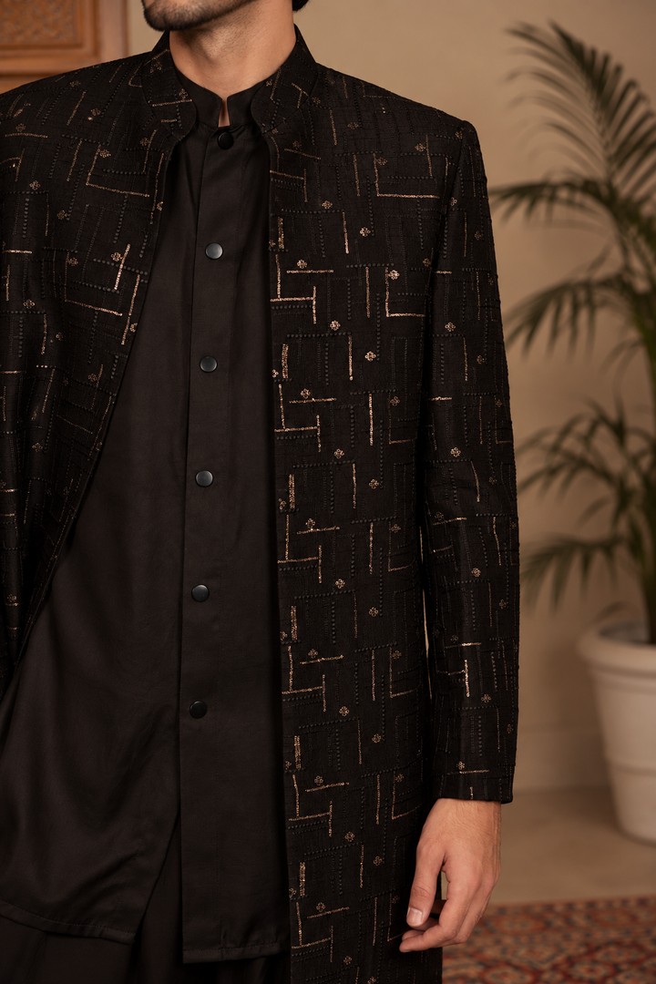 Tavas Indo Western Jacket Set in Black