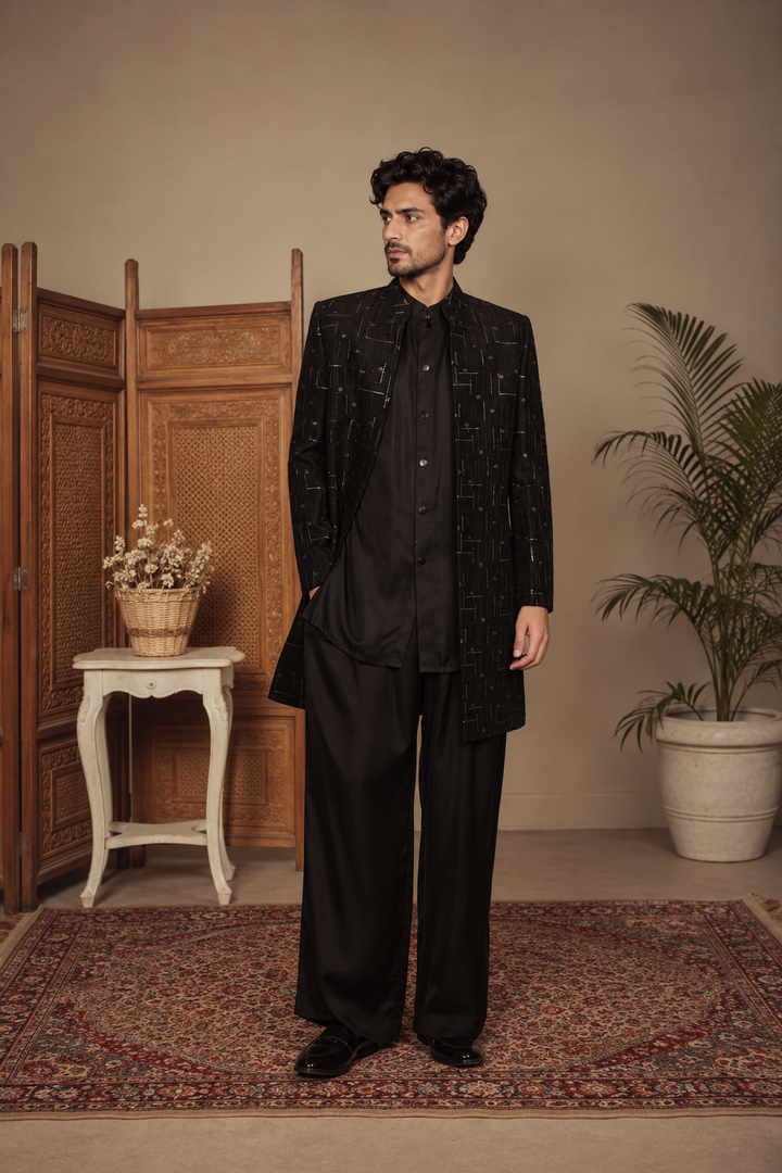 Tavas Indo Western Jacket Set in Black