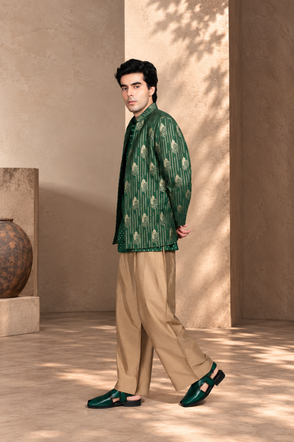 Dastkar Indo - Western Jacket Set in Green