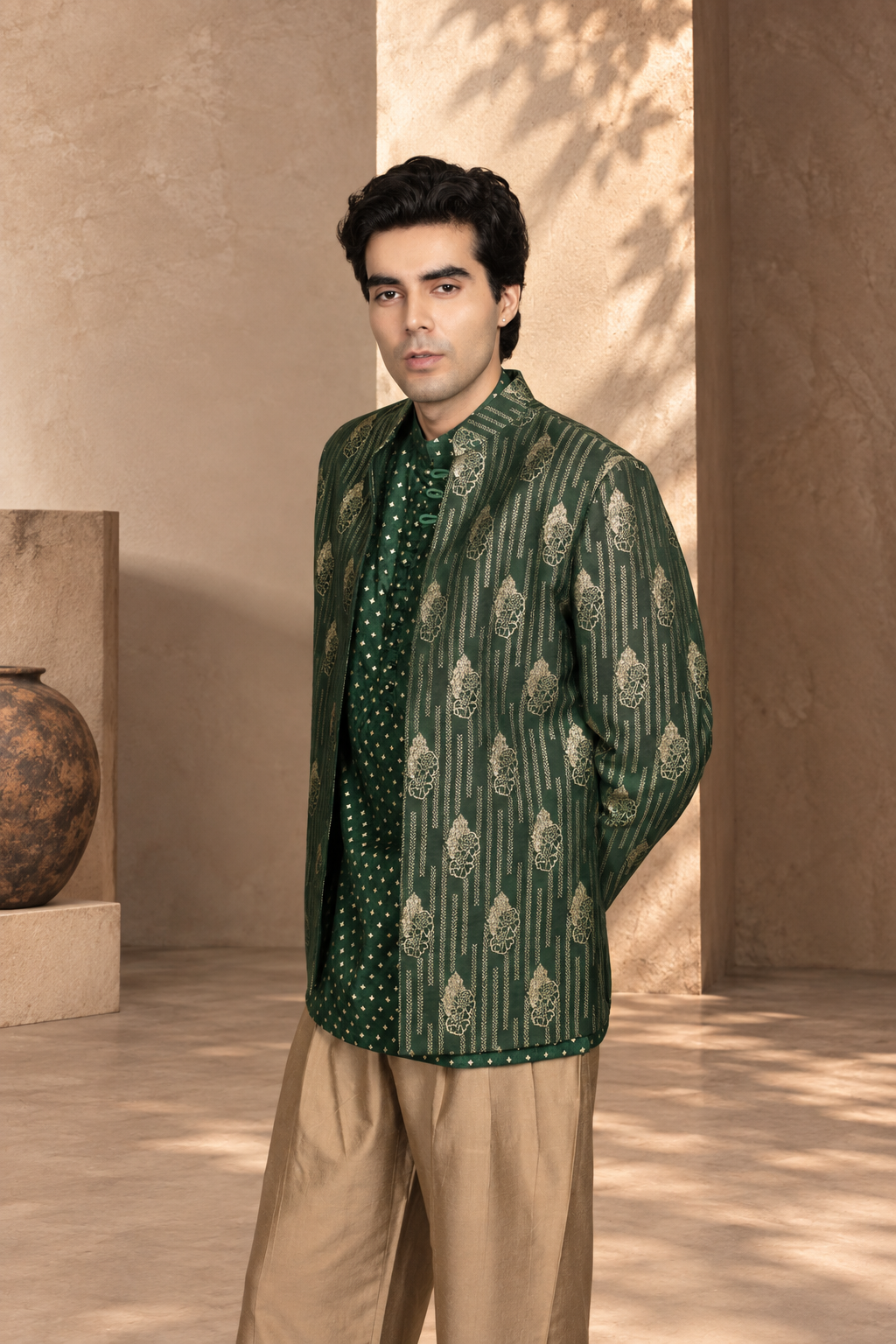 Dastkar Indo - Western Jacket Set in Green