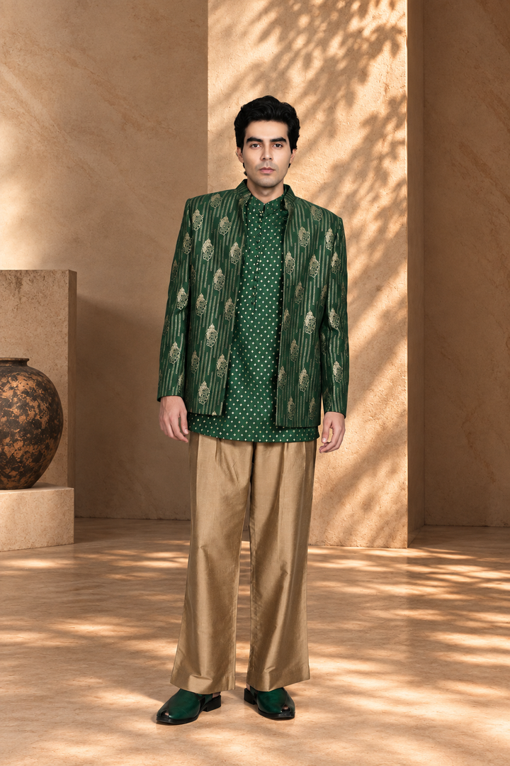 Dastkar Indo - Western Jacket Set in Green