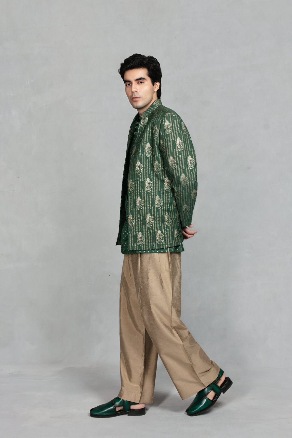 Dastkar Indo - Western Jacket Set in Green