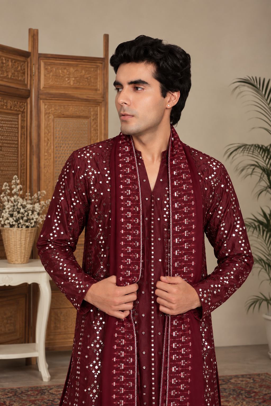 Gahan Kurta Set with Dupatta in Burgundy