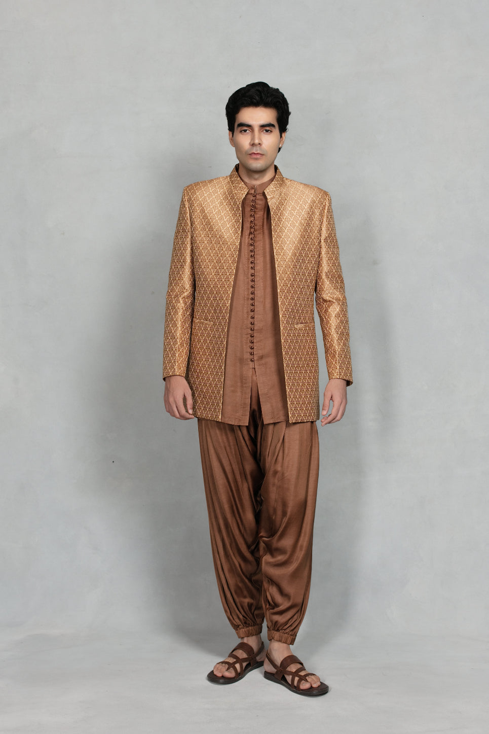 Deewan Indowestern Jacket Set in Beige/ Brown