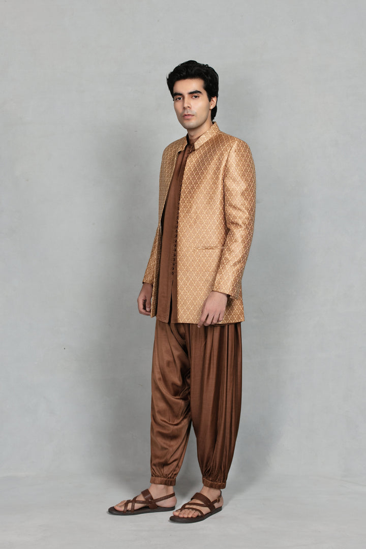 Deewan Indowestern Jacket Set in Beige/ Brown