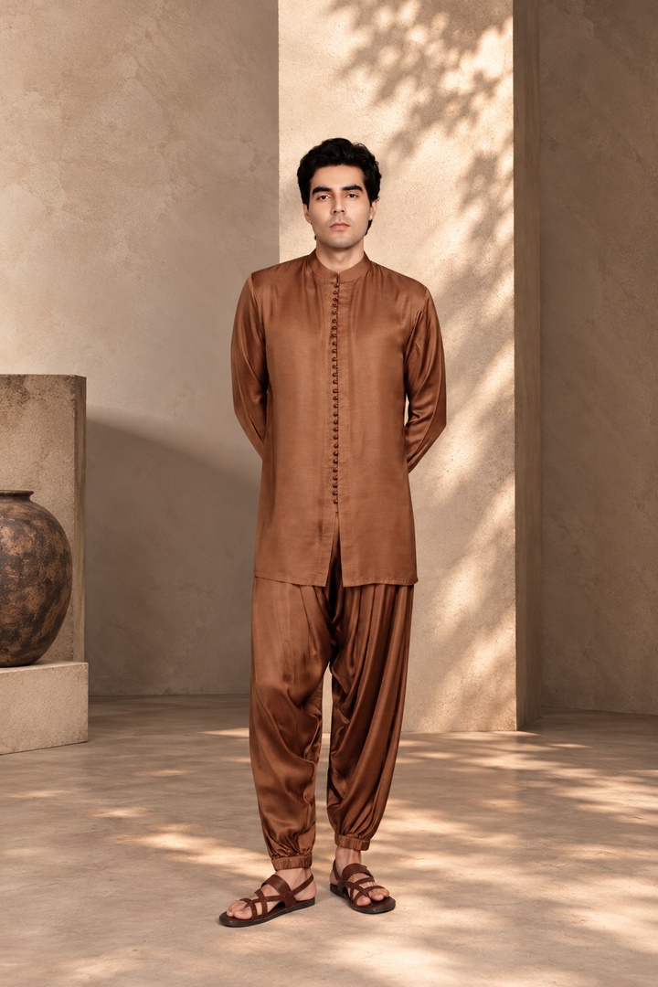 Deewan Indowestern Jacket Set in Beige/ Brown
