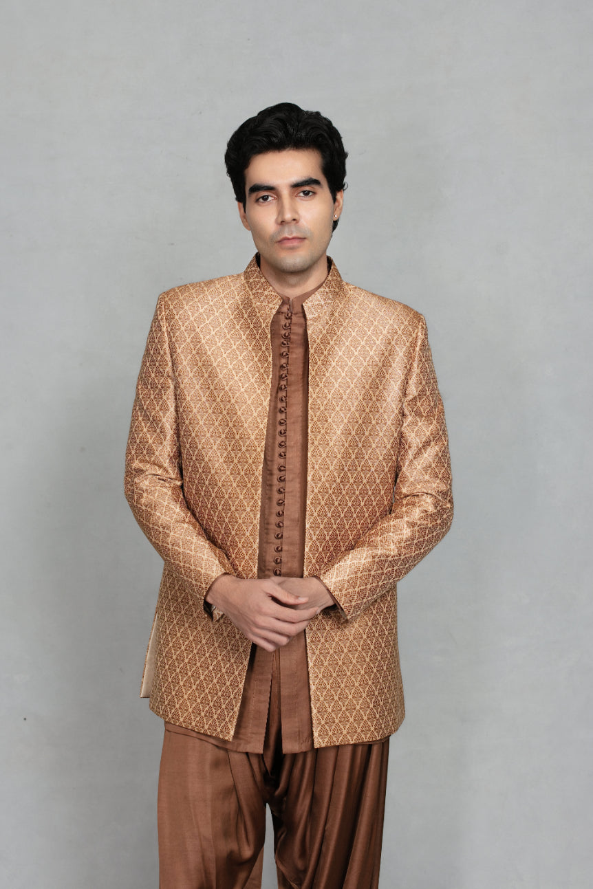 Deewan Indowestern Jacket Set in Beige/ Brown