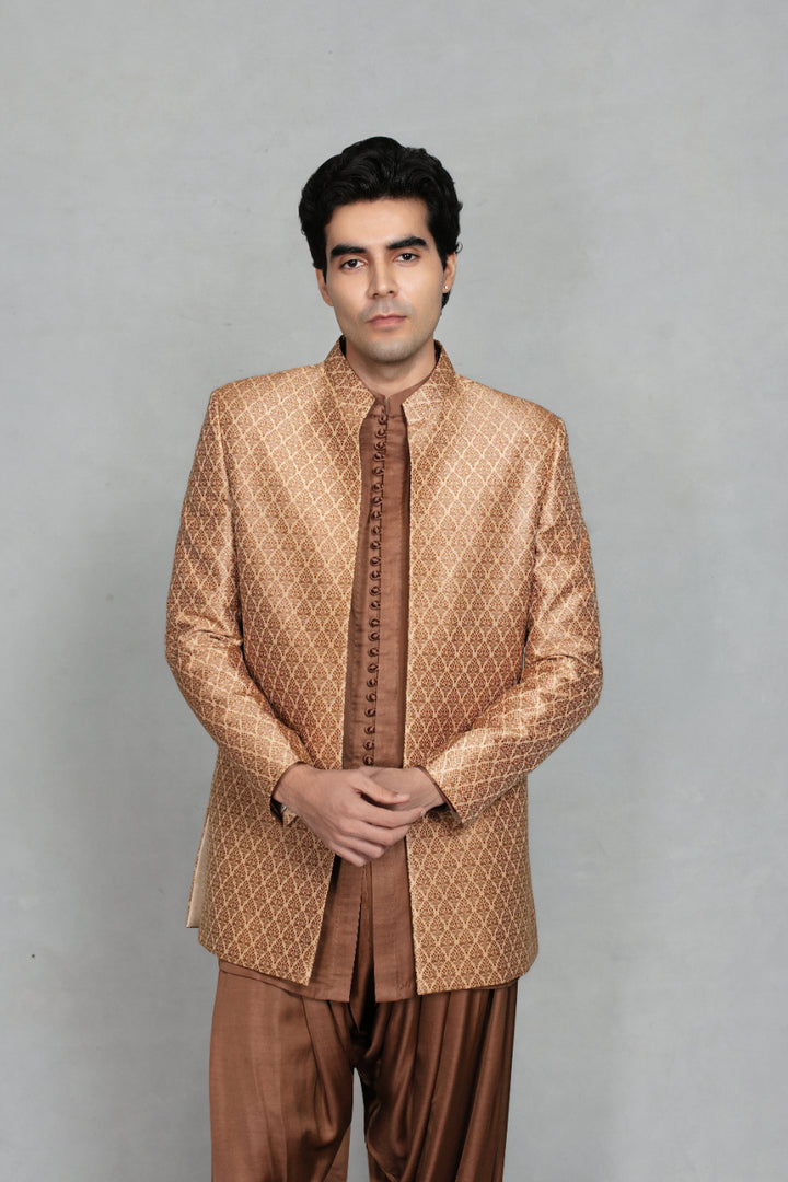 Deewan Indowestern Jacket Set in Beige/ Brown