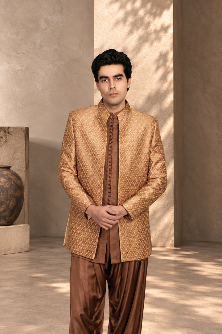 Deewan Indowestern Jacket Set in Beige/ Brown