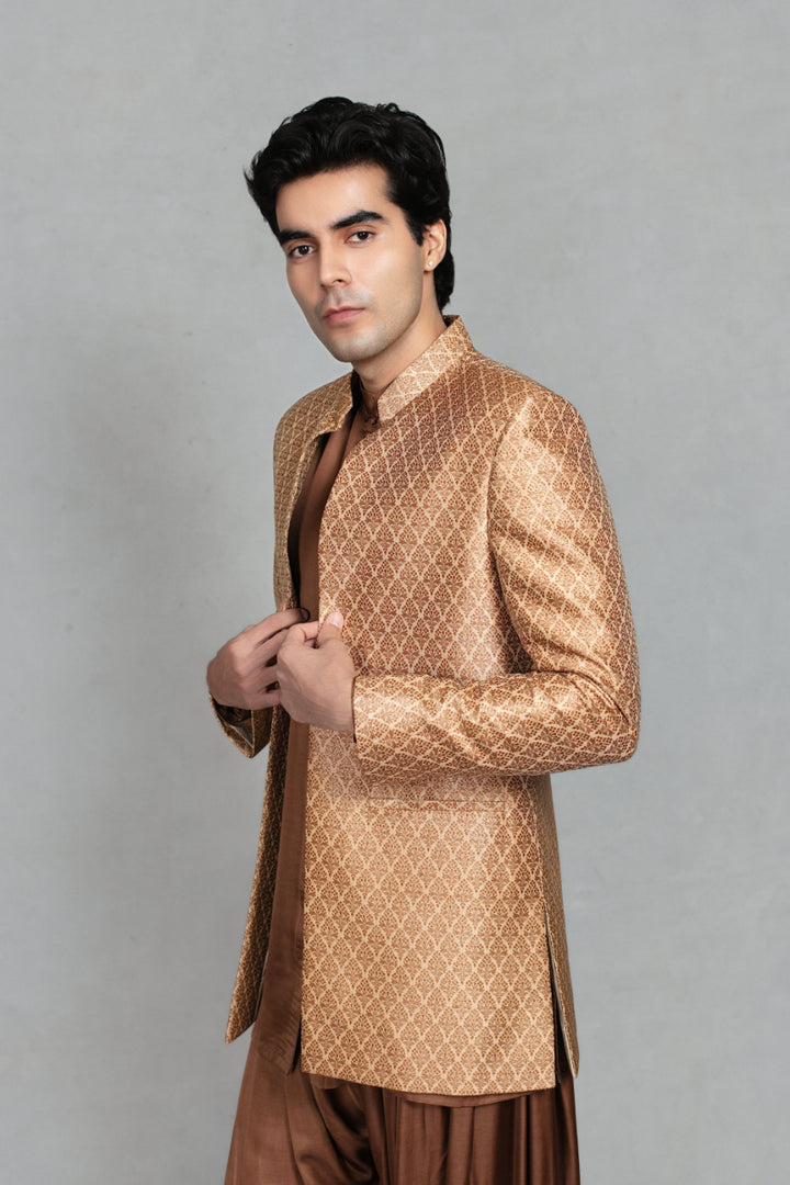 Deewan Indowestern Jacket Set in Beige/ Brown