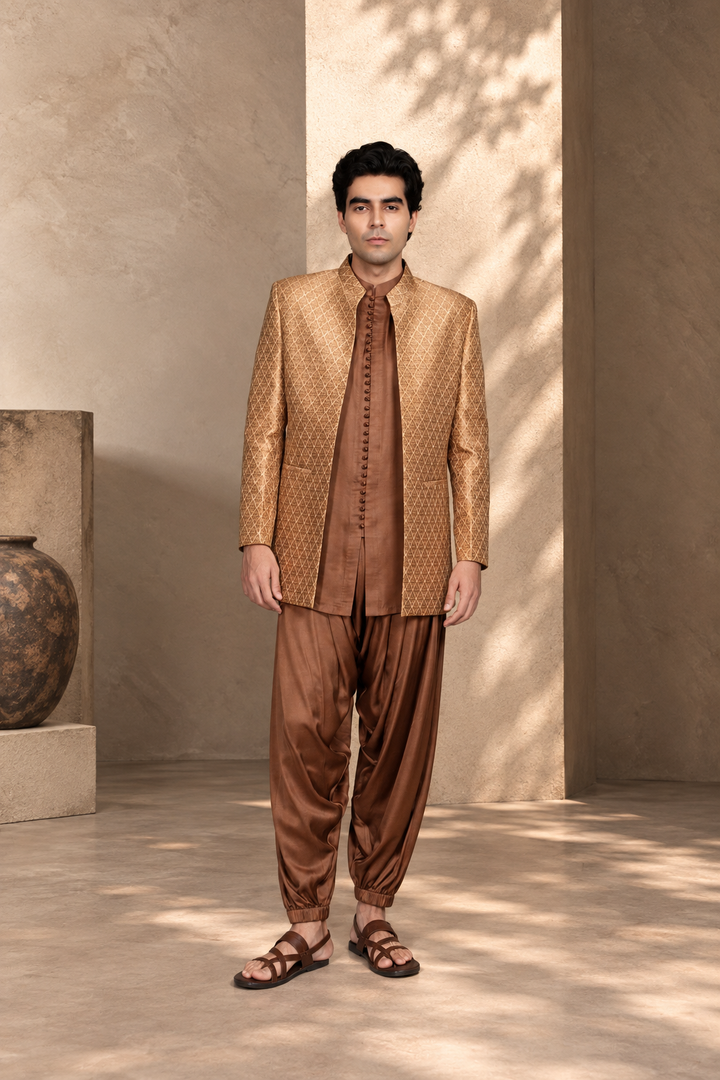 Deewan Indowestern Jacket Set in Beige/ Brown