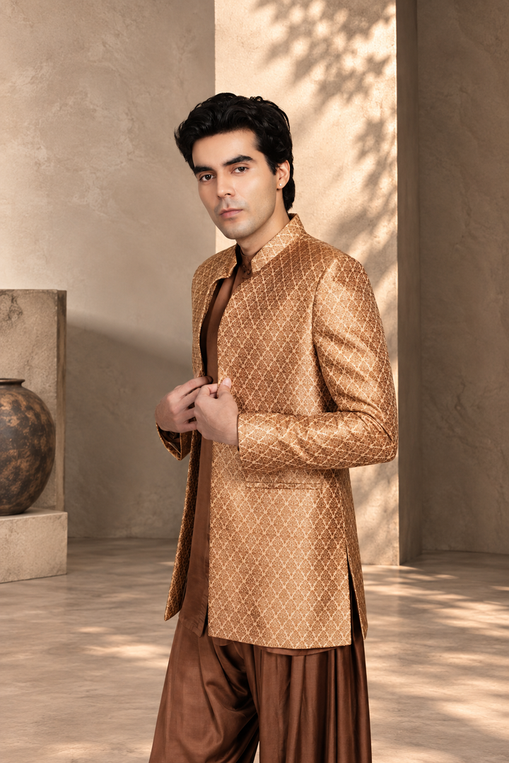 Deewan Indowestern Jacket Set in Beige/ Brown