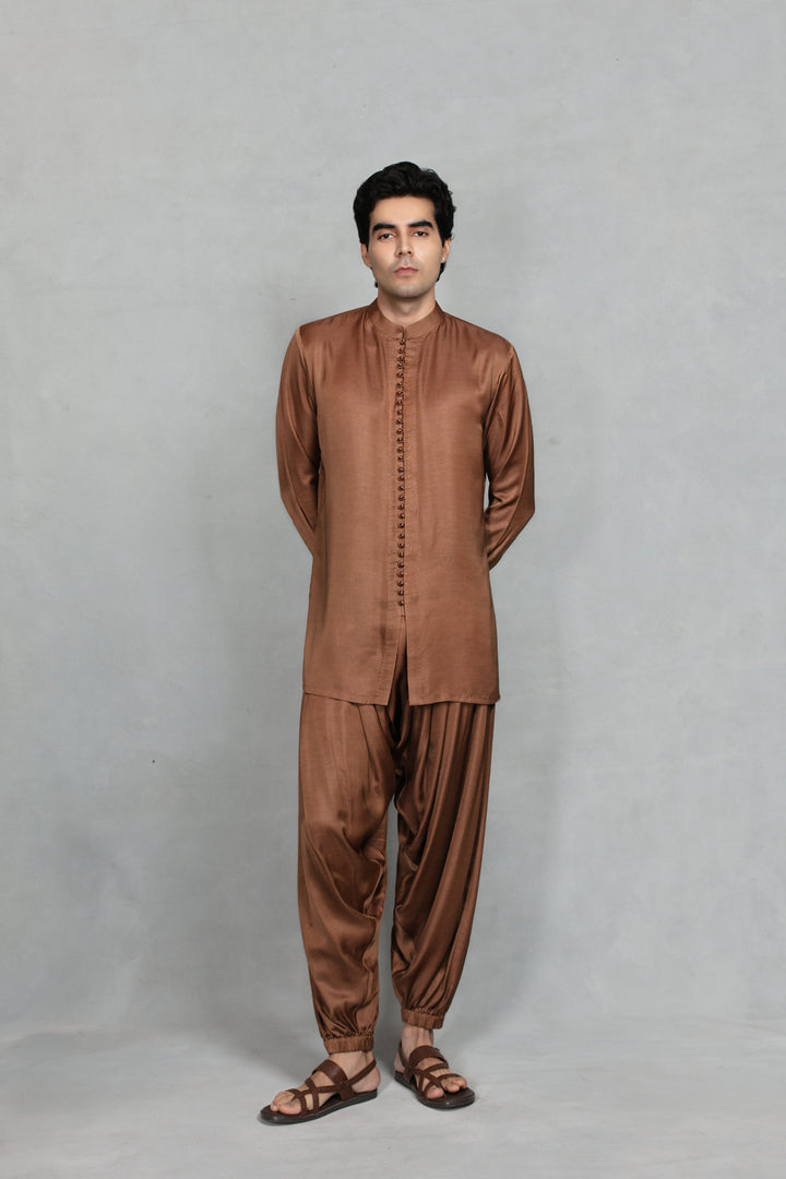 Deewan Indowestern Jacket Set in Beige/ Brown