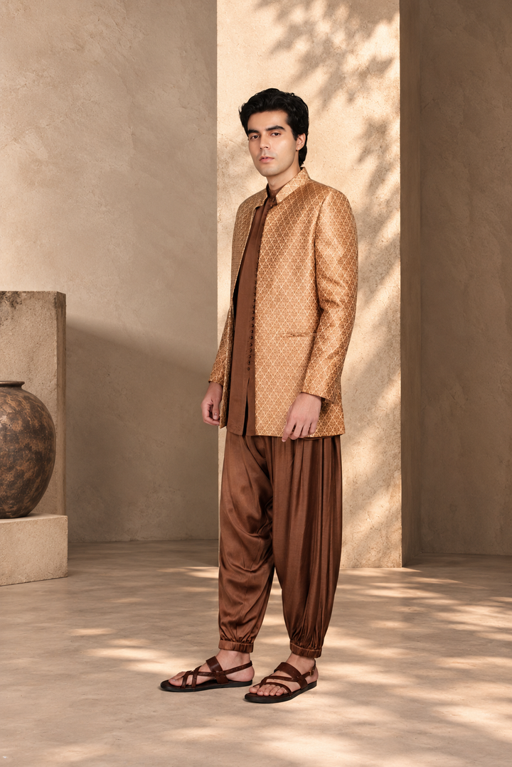 Deewan Indowestern Jacket Set in Beige/ Brown