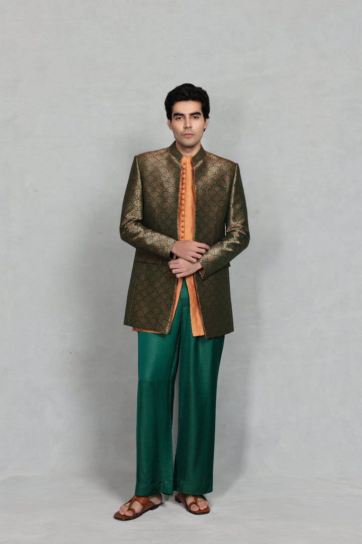 Aangan Indo-Western Jacket Set in Bottle Green