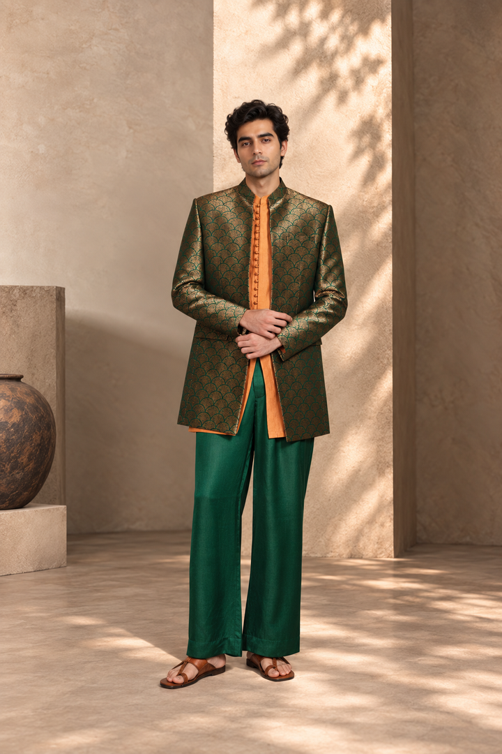 Aangan Indo-Western Jacket Set in Bottle Green