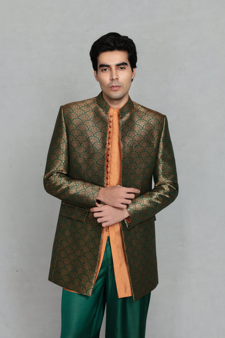 Aangan Indo-Western Jacket Set in Bottle Green
