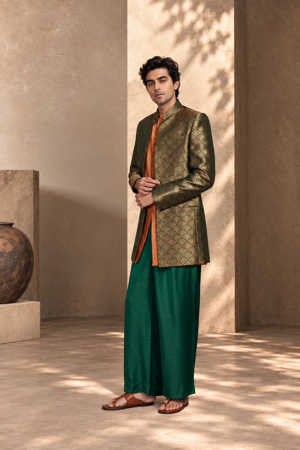 Aangan Indo-Western Jacket Set in Bottle Green