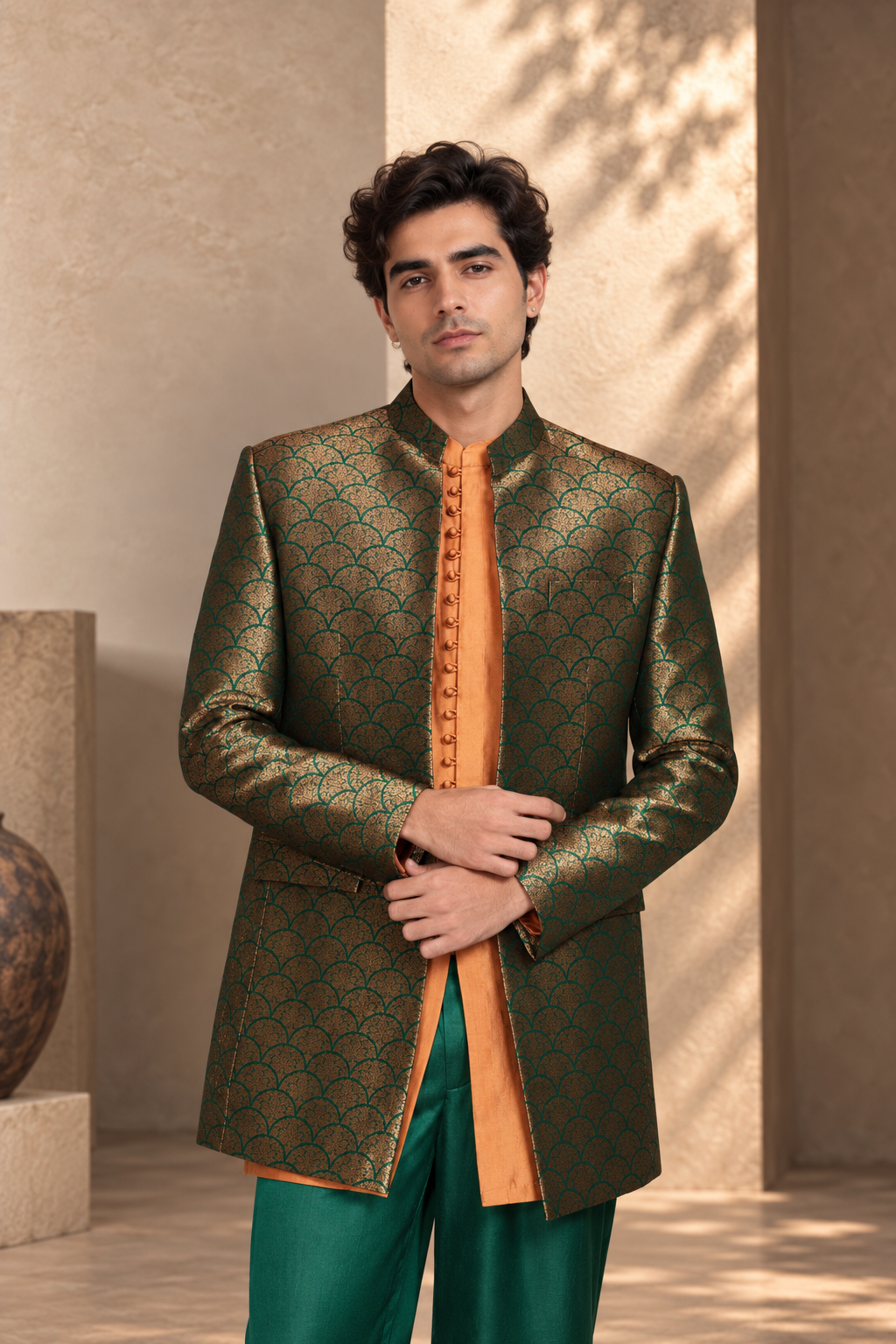 Aangan Indo-Western Jacket Set in Bottle Green