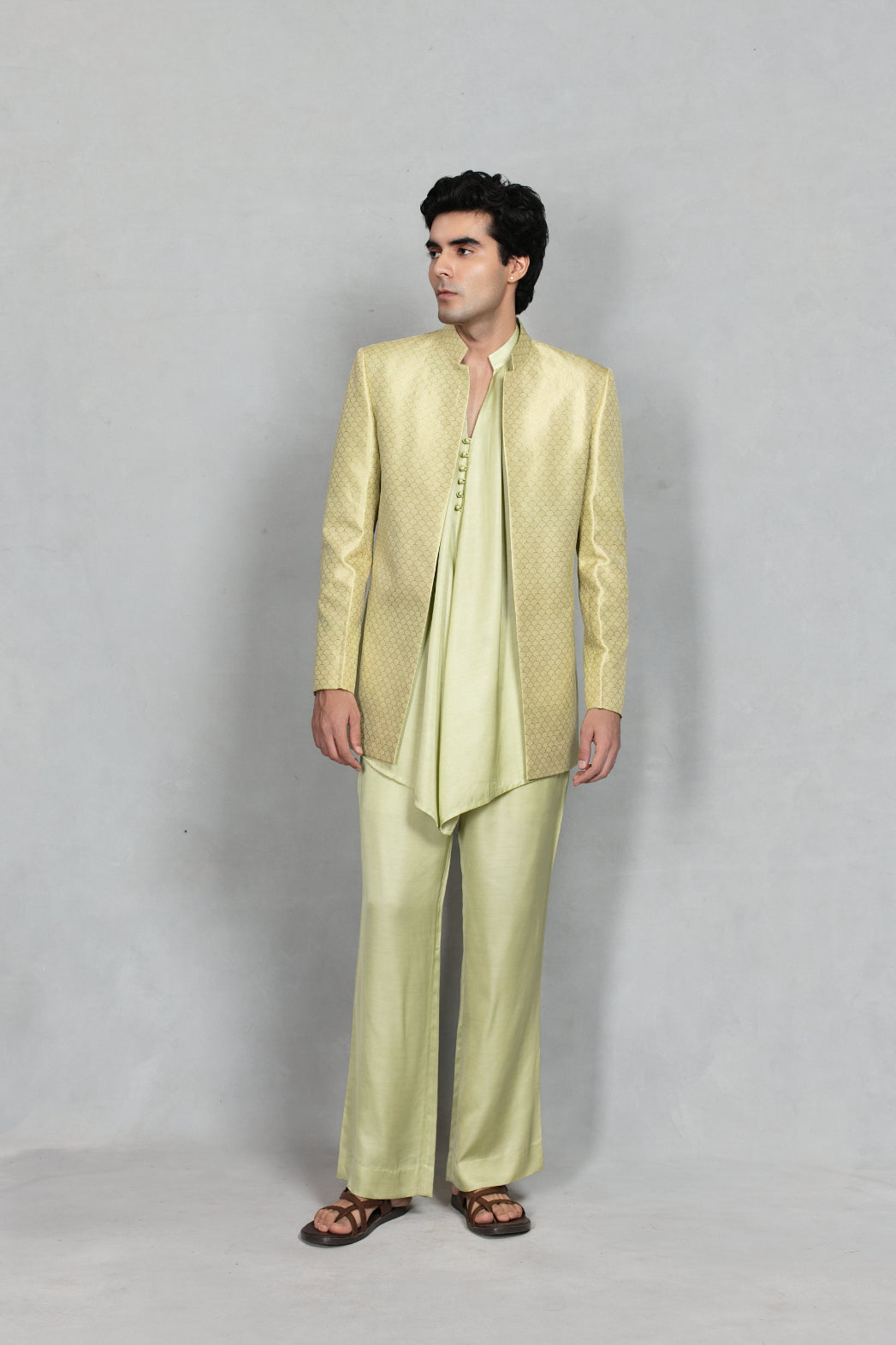 Jaali Indo Western Jacket Set in Beige Gold/Celadon