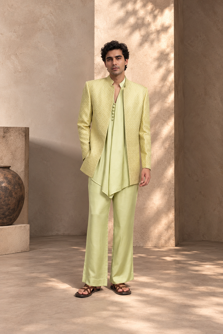Jaali Indo Western Jacket Set in Beige Gold/Celadon