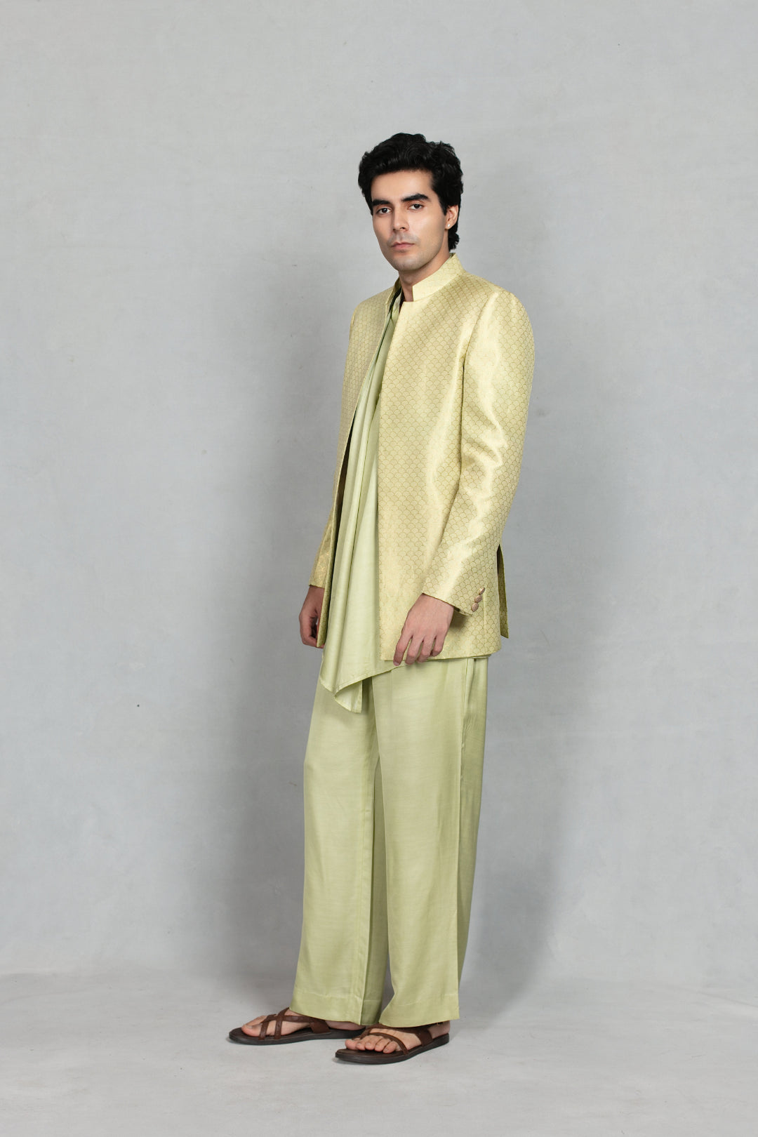 Jaali Indo Western Jacket Set in Beige Gold/Celadon