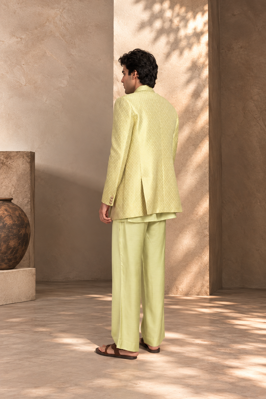 Jaali Indo Western Jacket Set in Beige Gold/Celadon
