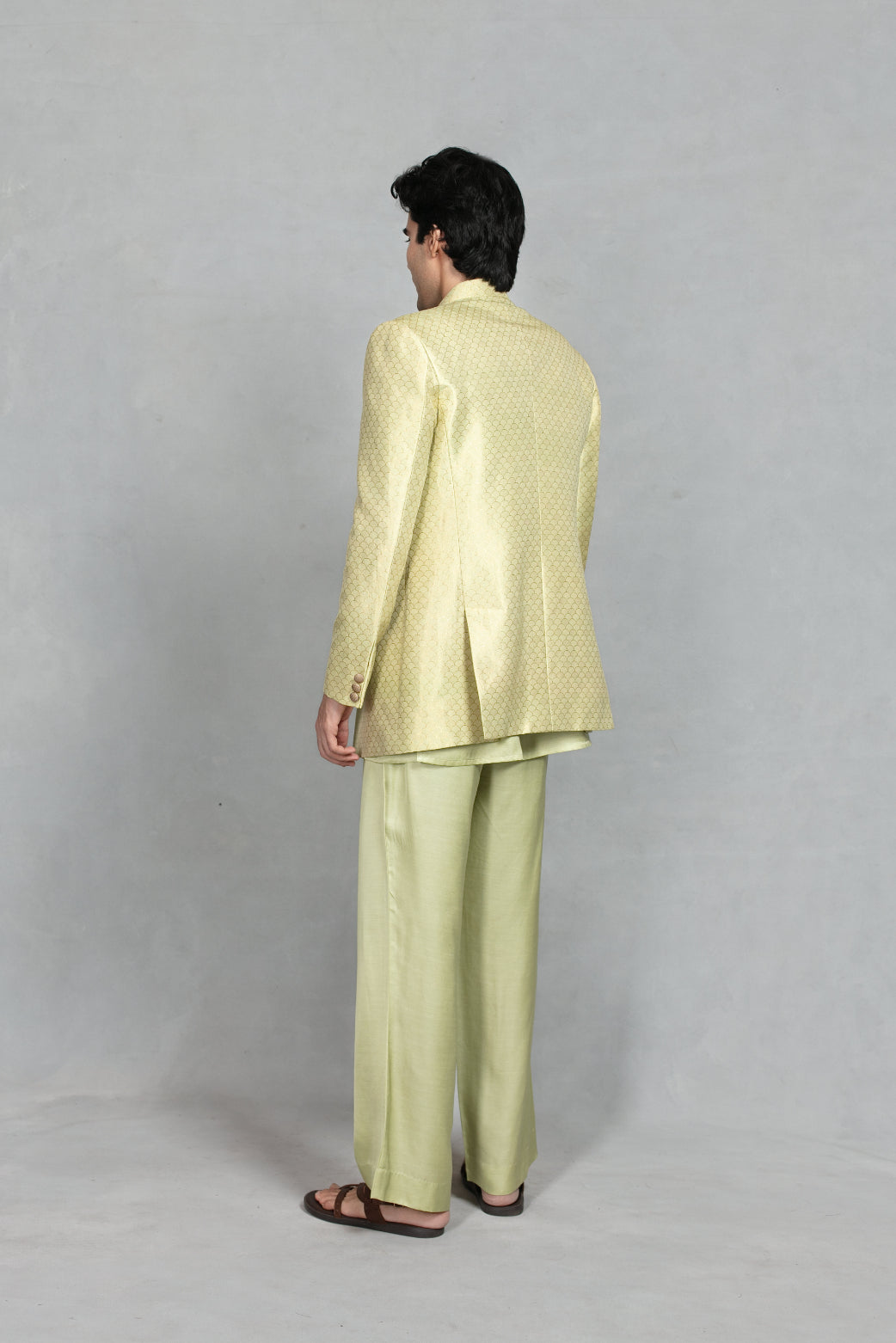 Jaali Indo Western Jacket Set in Beige Gold/Celadon