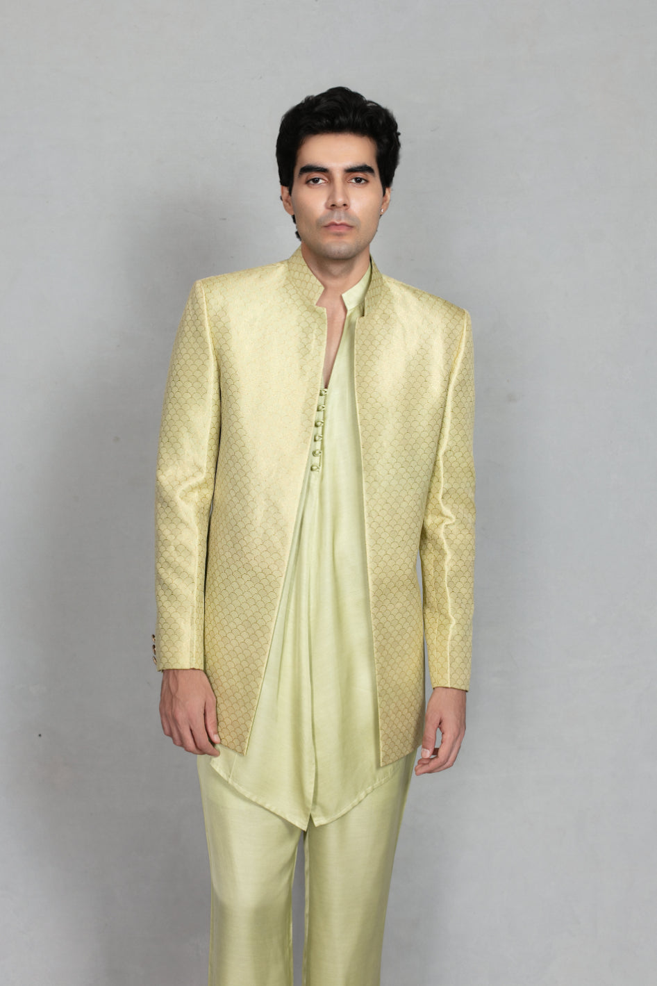 Jaali Indo Western Jacket Set in Beige Gold/Celadon