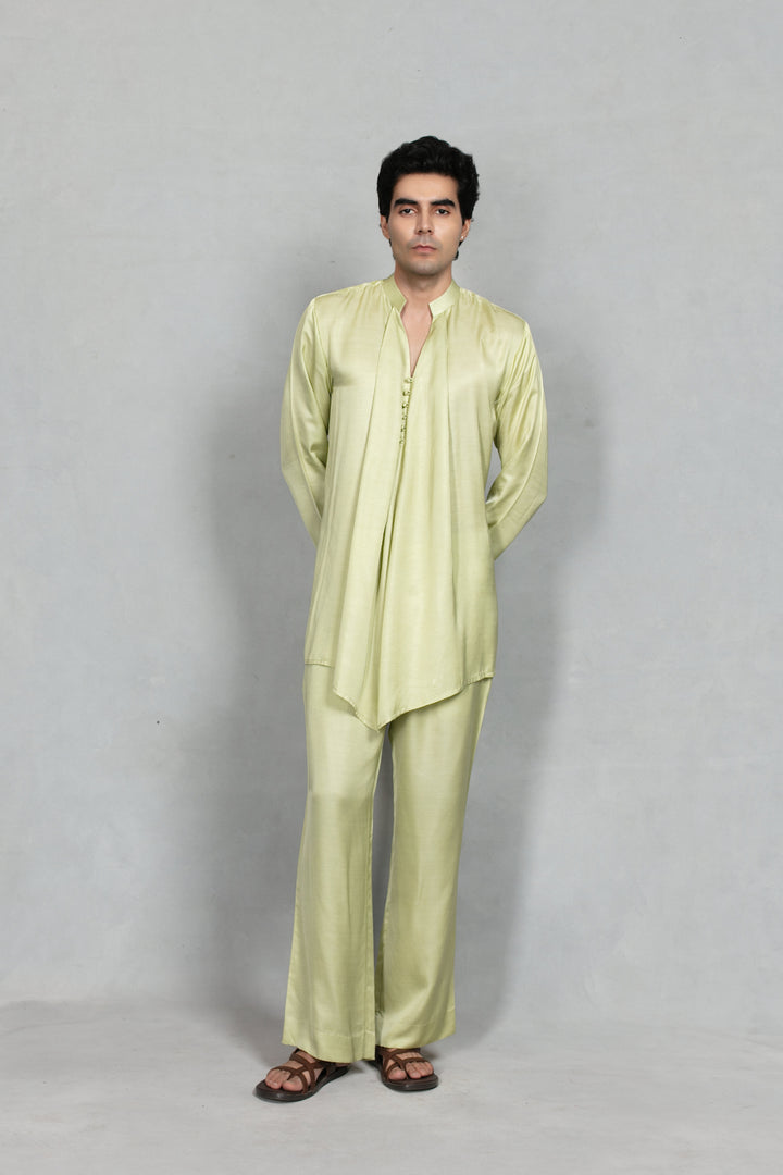 Jaali Indo Western Jacket Set in Beige Gold/Celadon