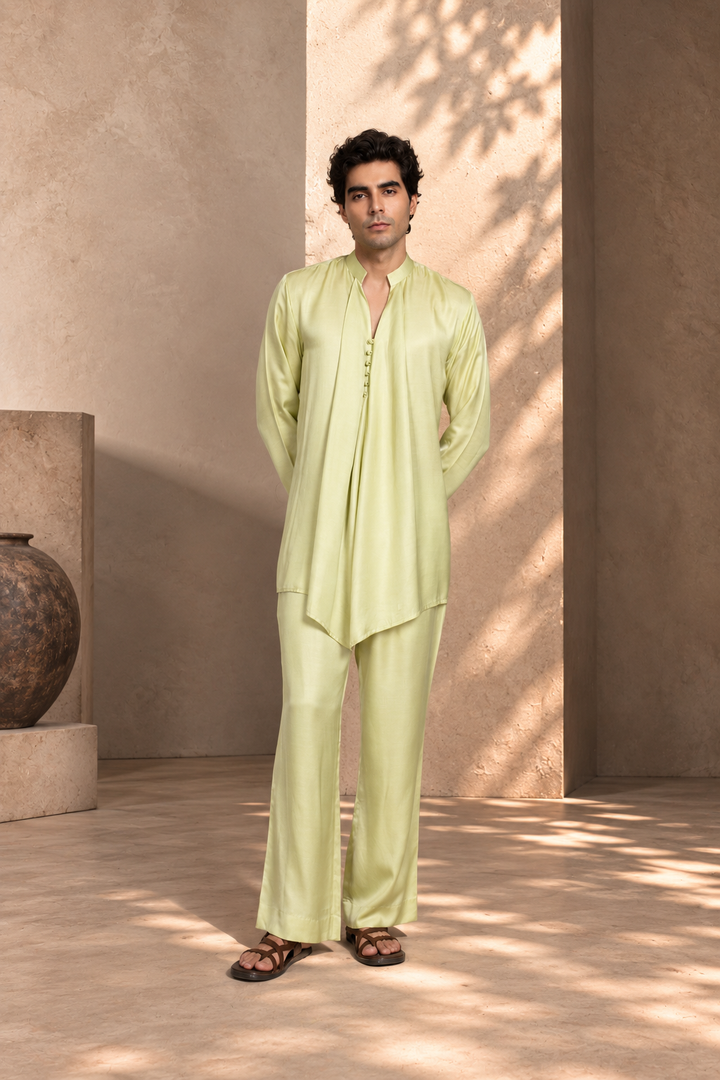 Jaali Indo Western Jacket Set in Beige Gold/Celadon