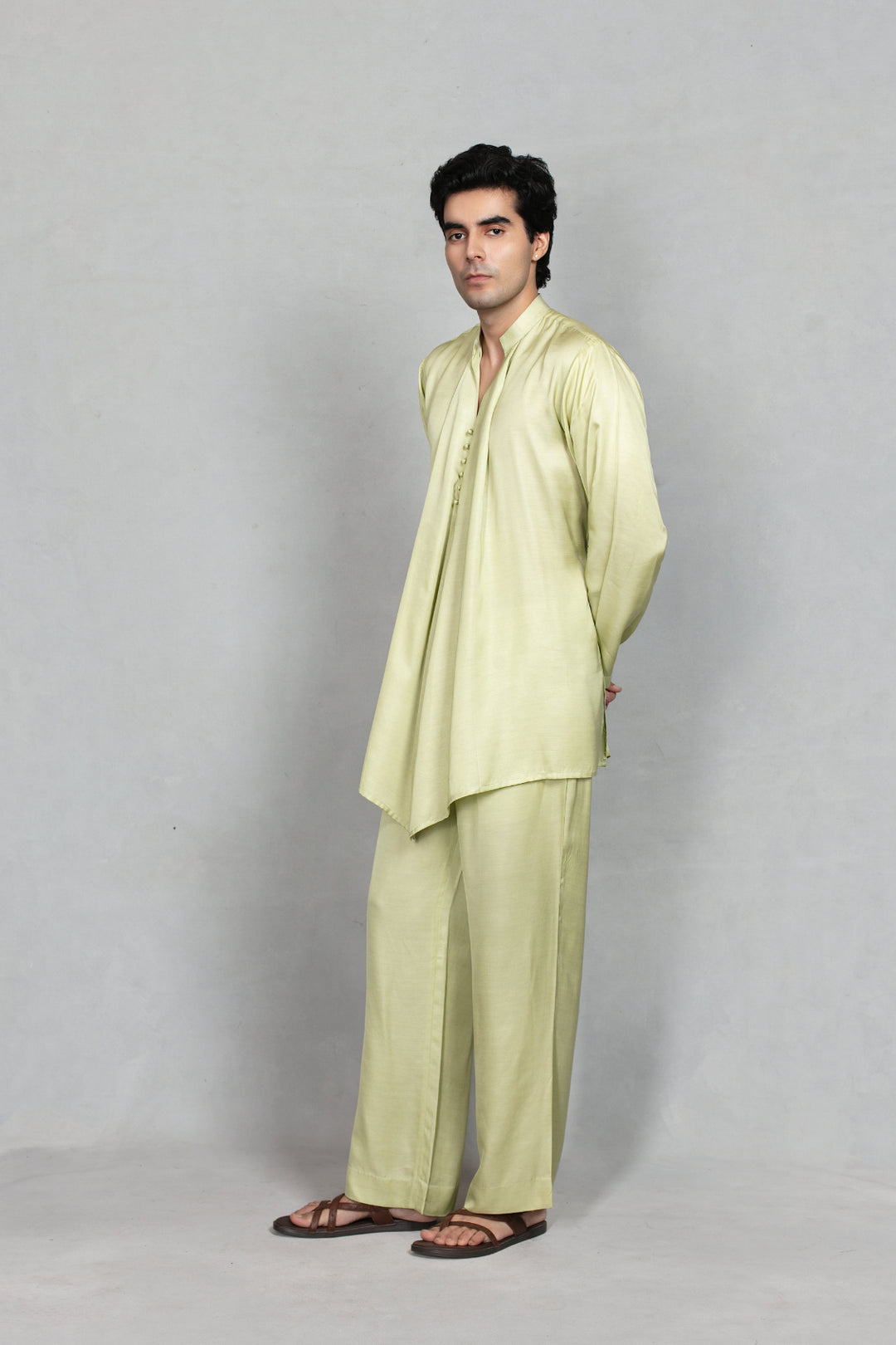 Jaali Indo Western Jacket Set in Beige Gold/Celadon