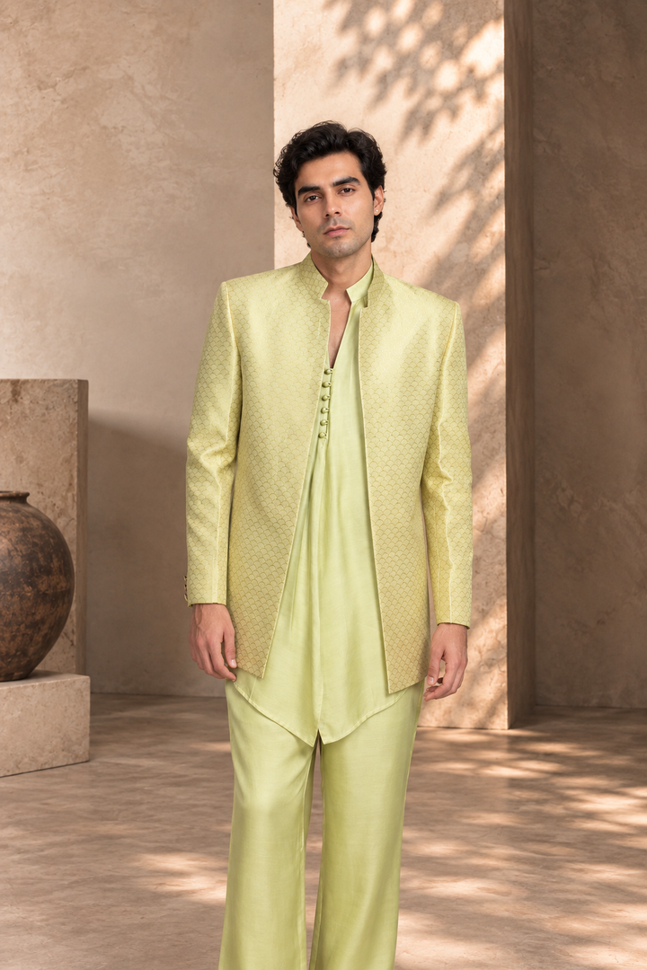 Jaali Indo Western Jacket Set in Beige Gold/Celadon