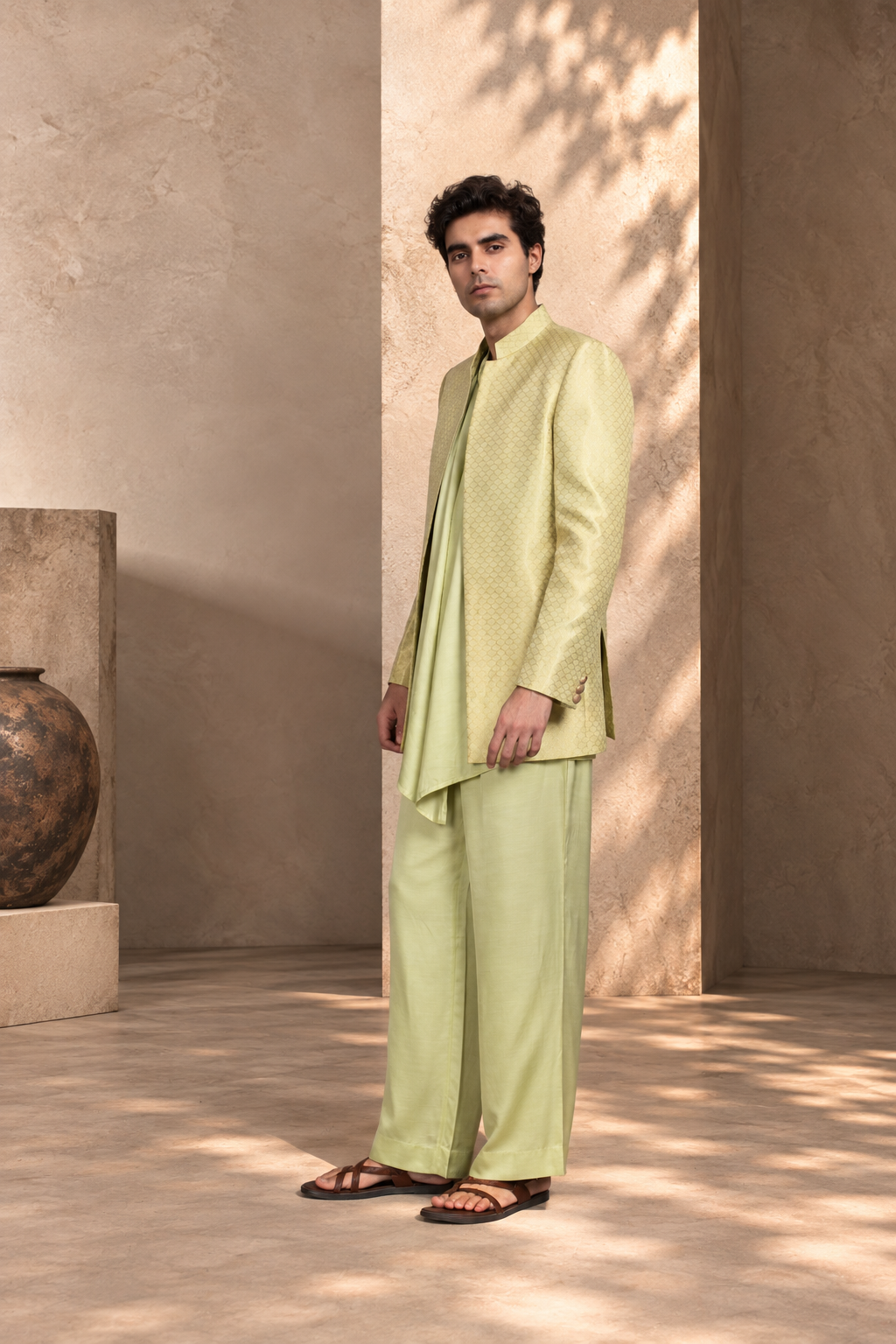 Jaali Indo Western Jacket Set in Beige Gold/Celadon