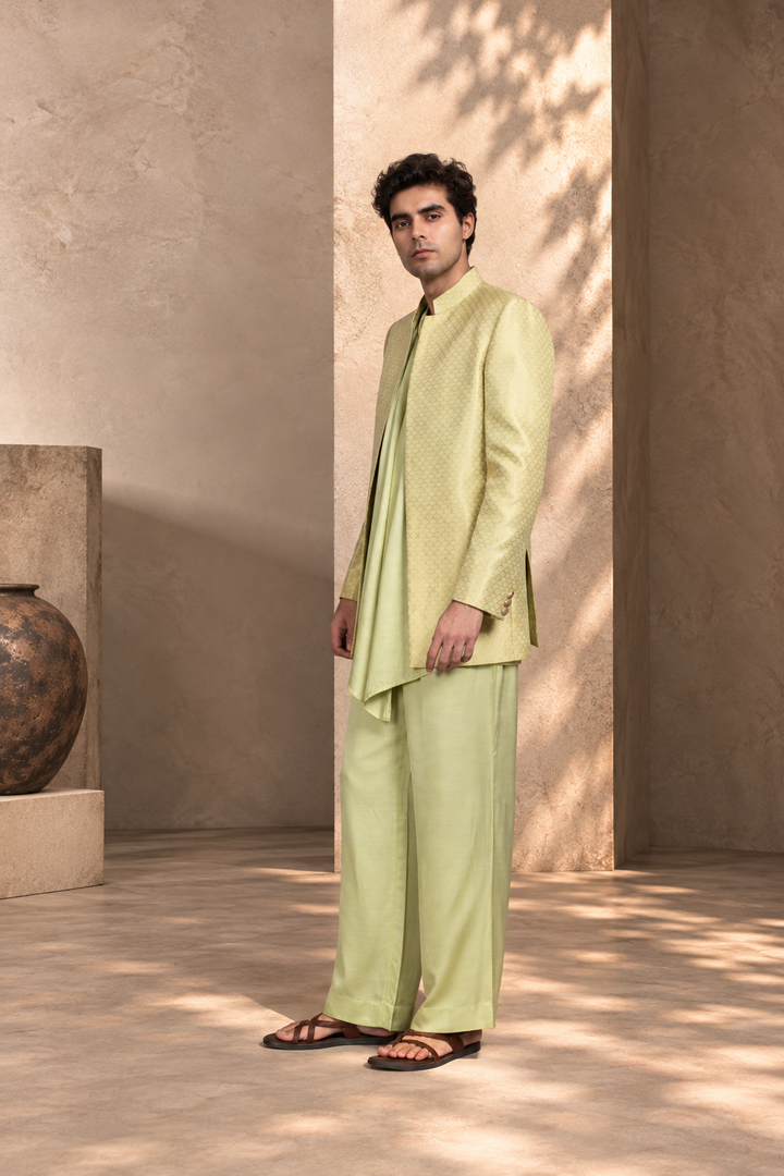 Jaali Indo Western Jacket Set in Beige Gold/Celadon
