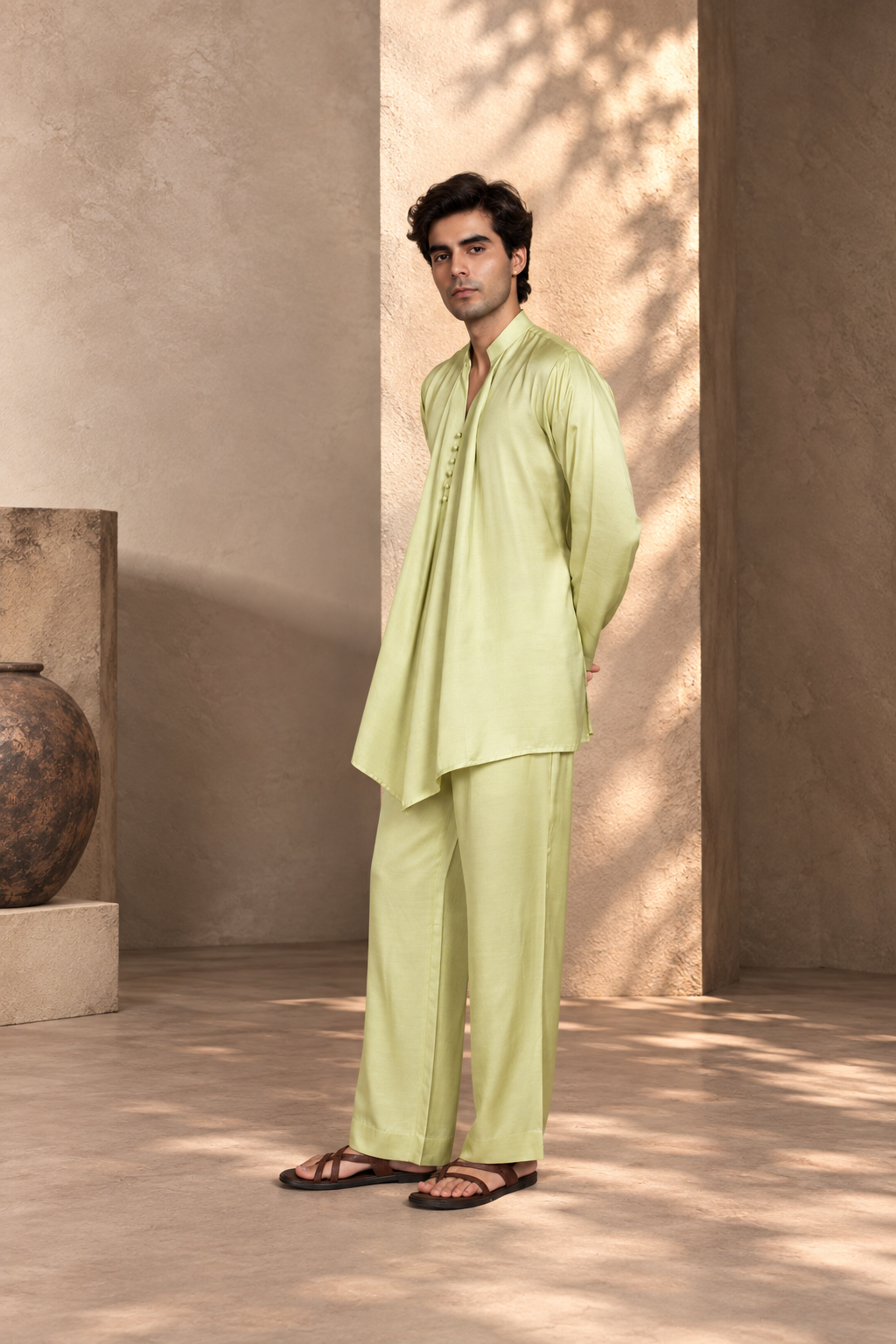 Jaali Indo Western Jacket Set in Beige Gold/Celadon