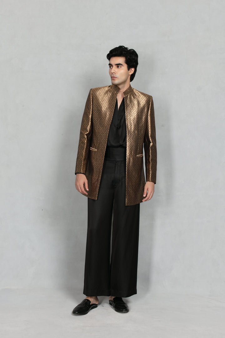 Tehzeeb Indowestern Jacket Set in Black/ Gold
