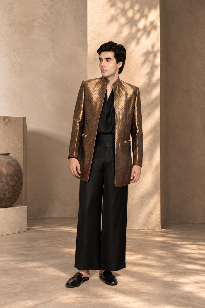Tehzeeb Indowestern Jacket Set in Black/ Gold