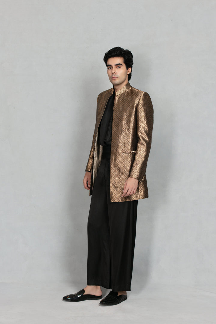Tehzeeb Indowestern Jacket Set in Black/ Gold