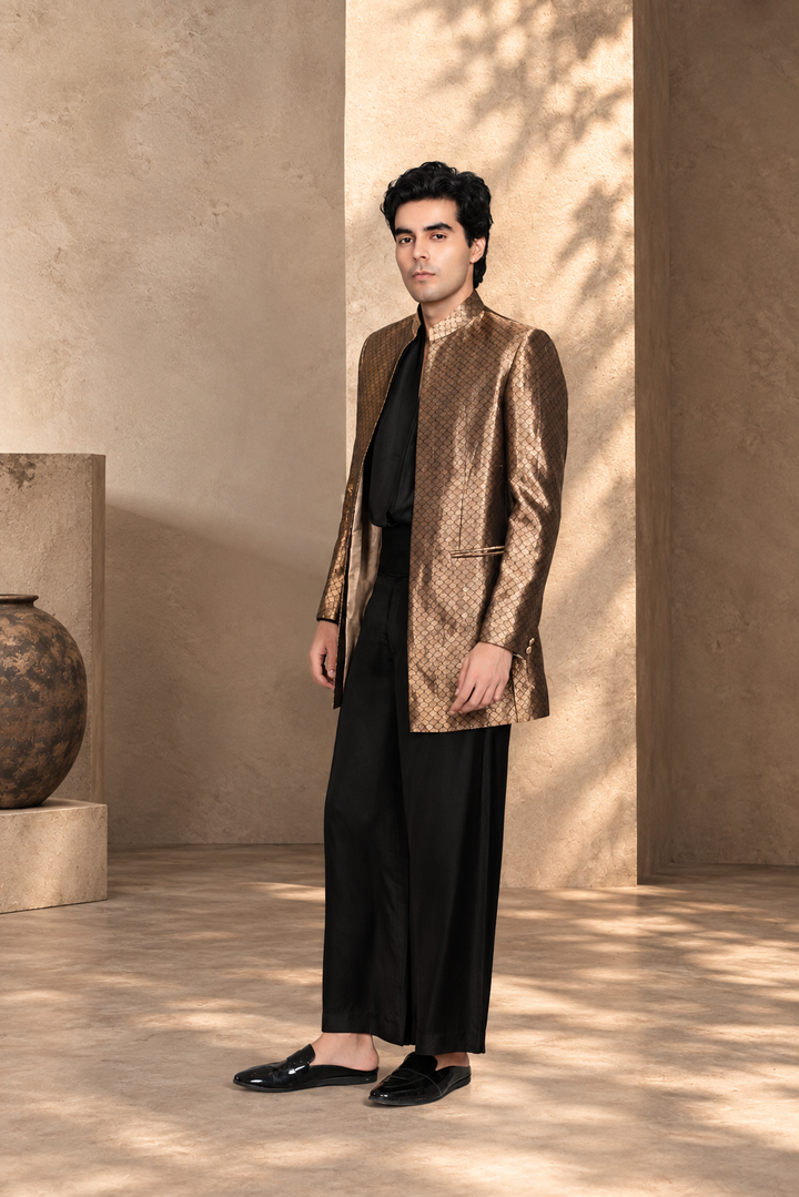 Tehzeeb Indowestern Jacket Set in Black/ Gold
