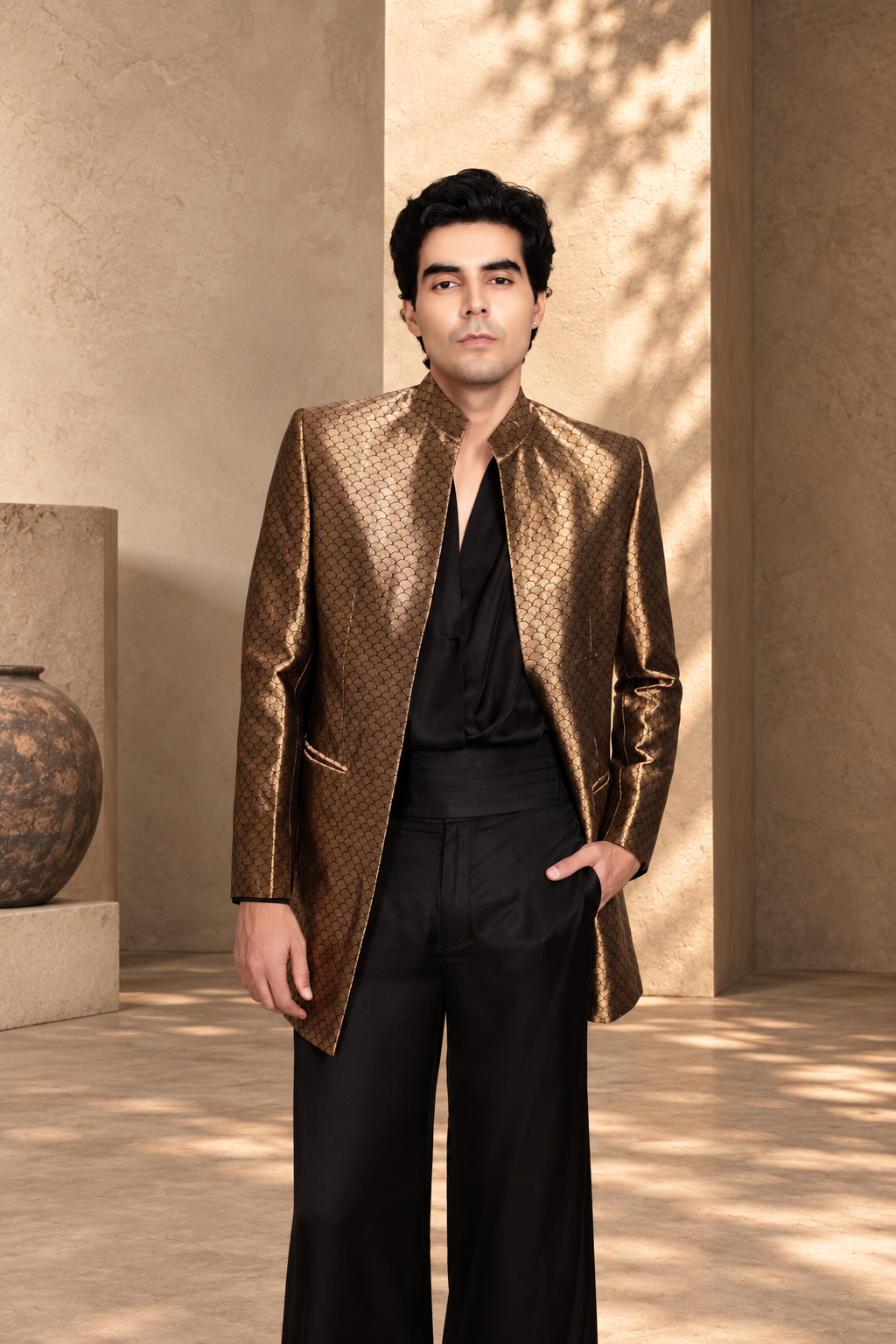 Tehzeeb Indowestern Jacket Set in Black/ Gold