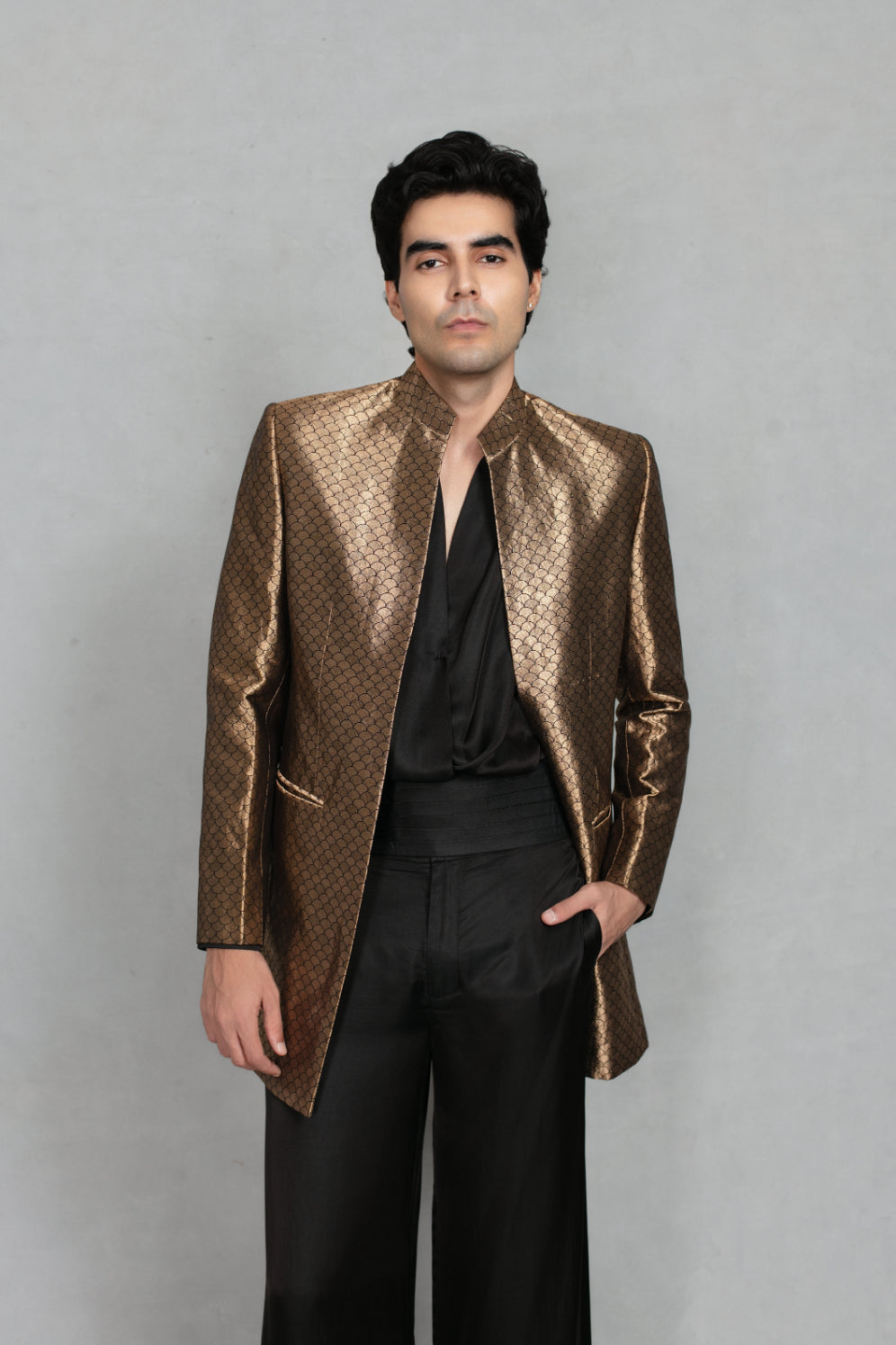 Tehzeeb Indowestern Jacket Set in Black/ Gold