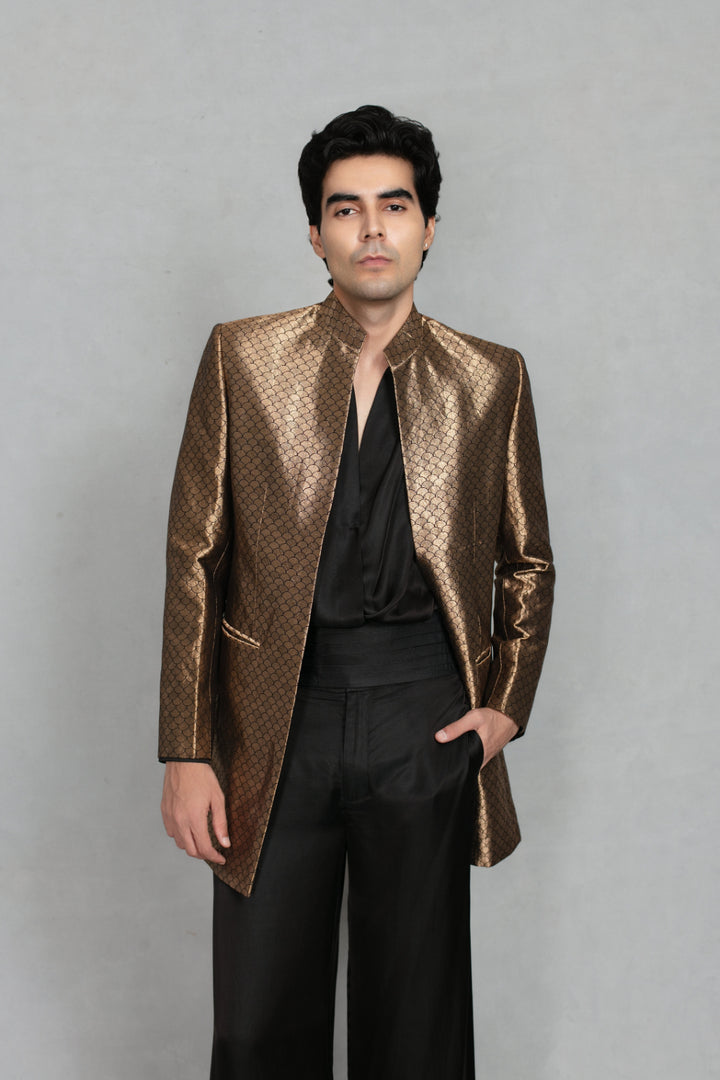 Tehzeeb Indowestern Jacket Set in Black/ Gold