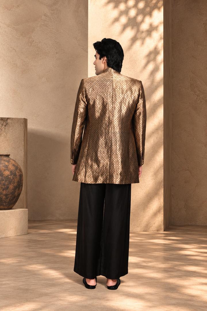 Tehzeeb Indowestern Jacket Set in Black/ Gold