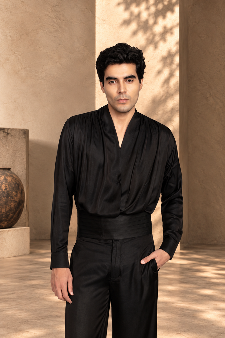 Tehzeeb Indowestern Jacket Set in Black/ Gold