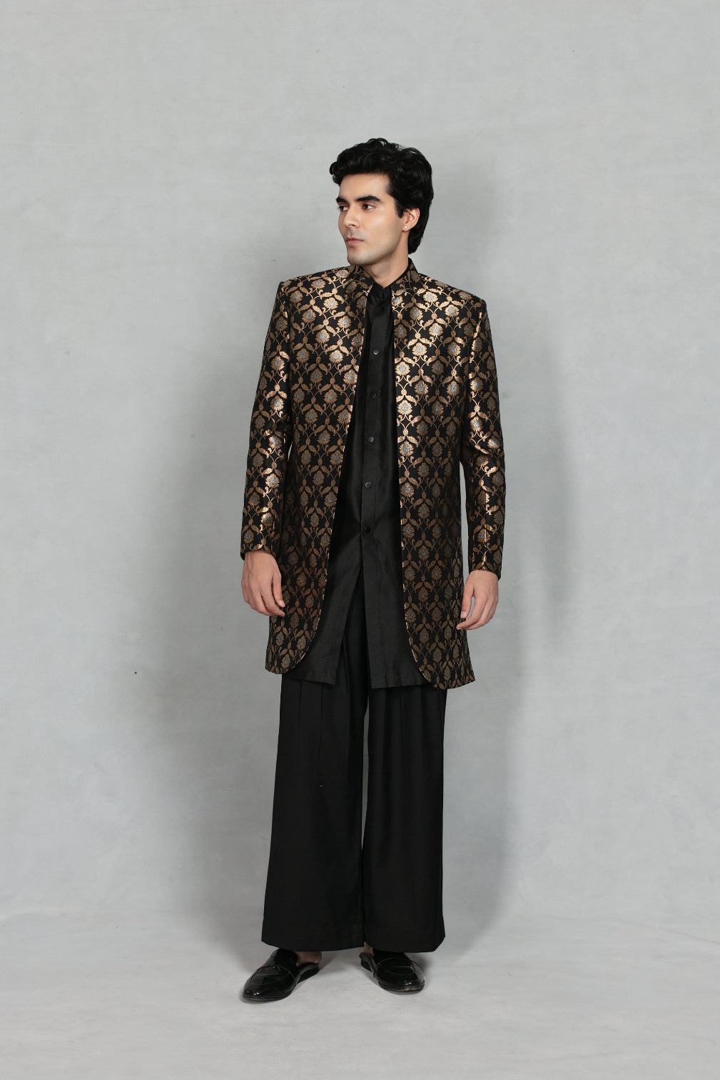 Jashn Indowestern Jacket Set in Black/ Gold
