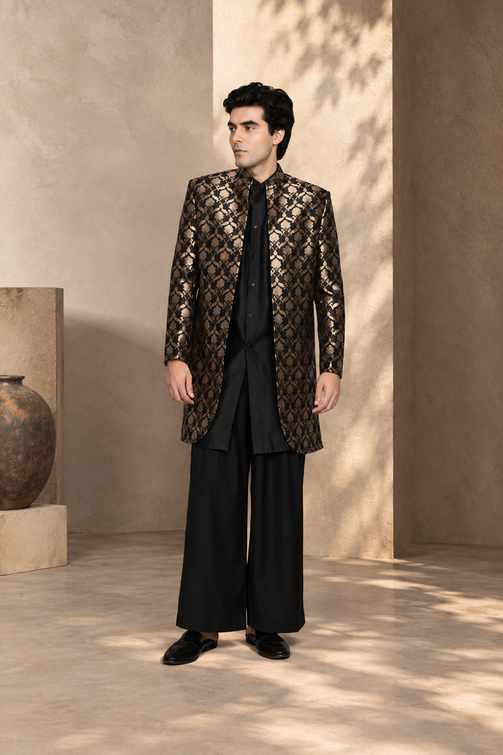 Jashn Indowestern Jacket Set in Black/ Gold